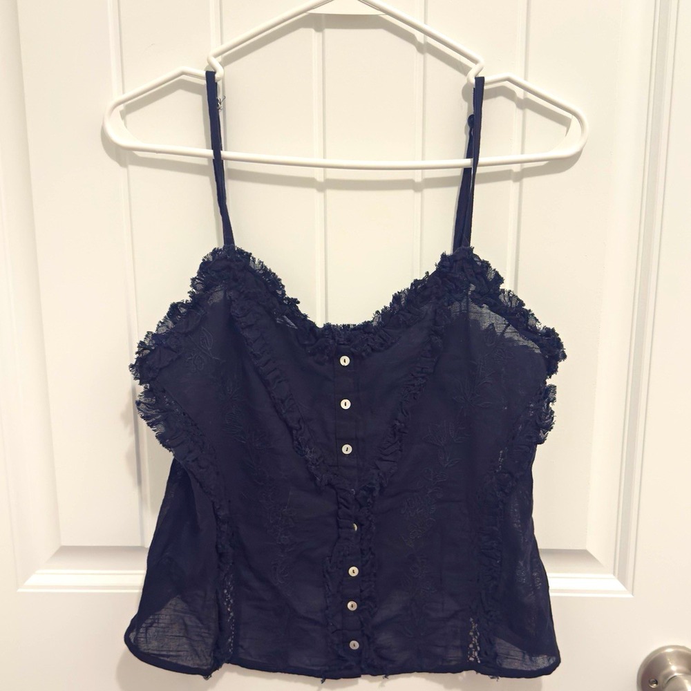 ZARA Black Solid Camisole Top XS Lace Trim Button Front Adjustable Straps